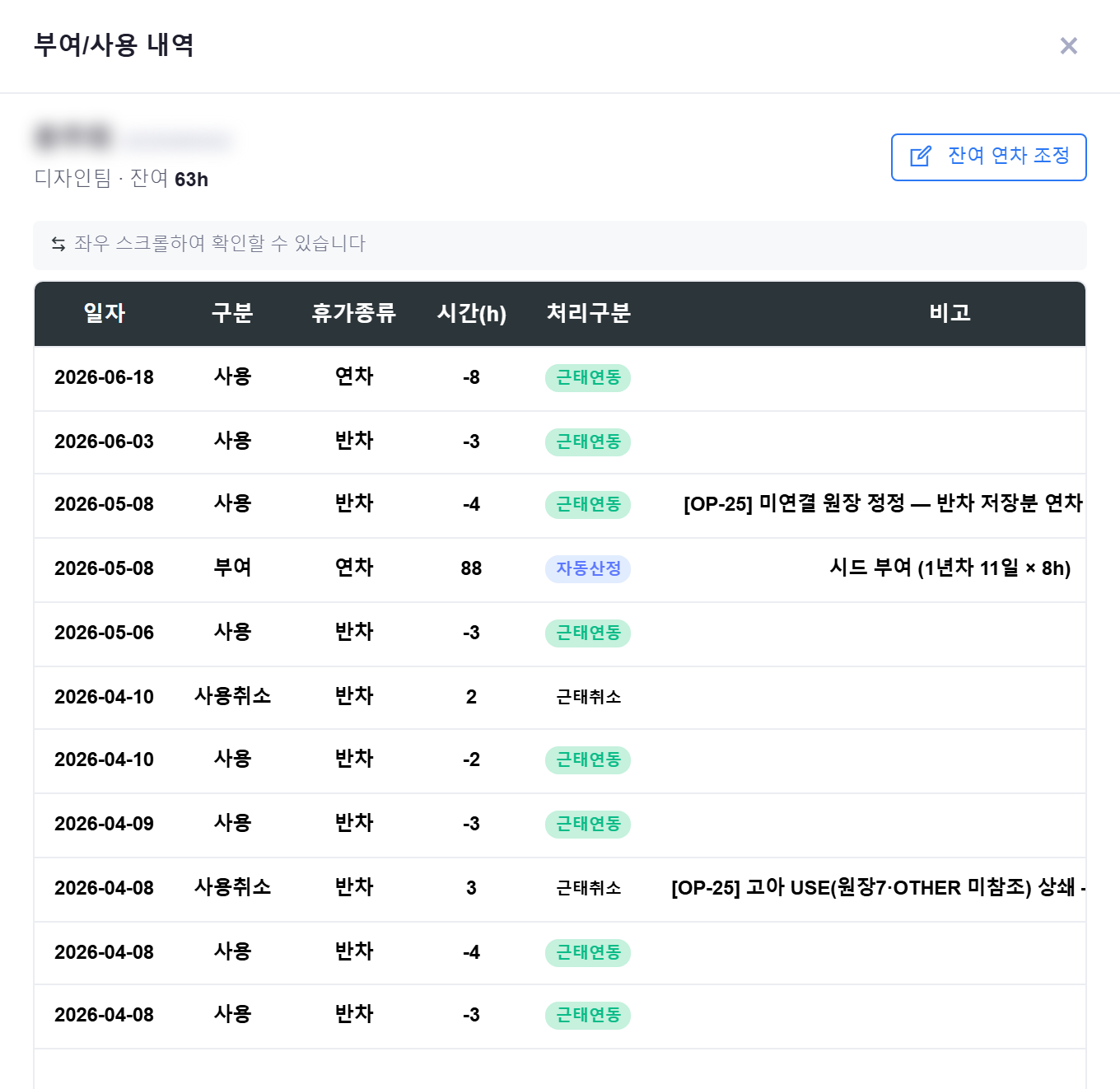 부여/사용 내역 패널